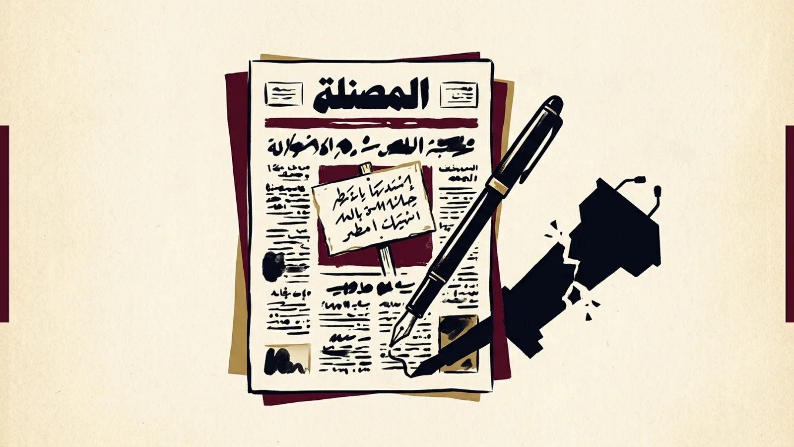 رسم تعبيري للافتة شعرية قصيرة فوق صفحة صحيفة وظلها يكشف منصة سلطة متصدعة