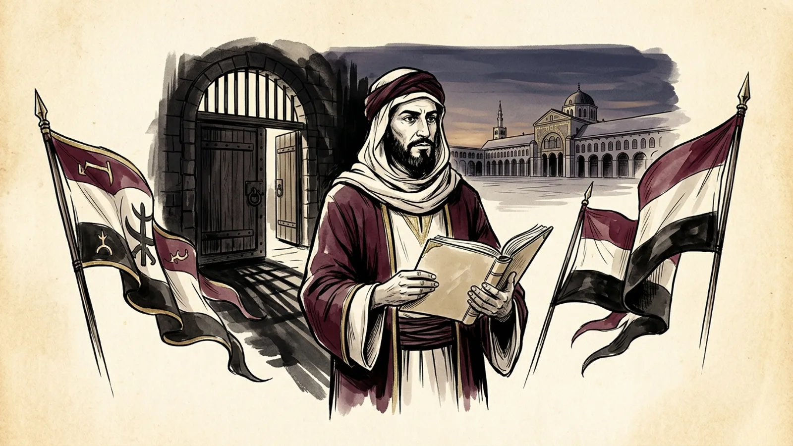 تصوير تعبيري للكميت بن زيد بين رايات الصراع القبلي وبوابة السجن في العصر الأموي