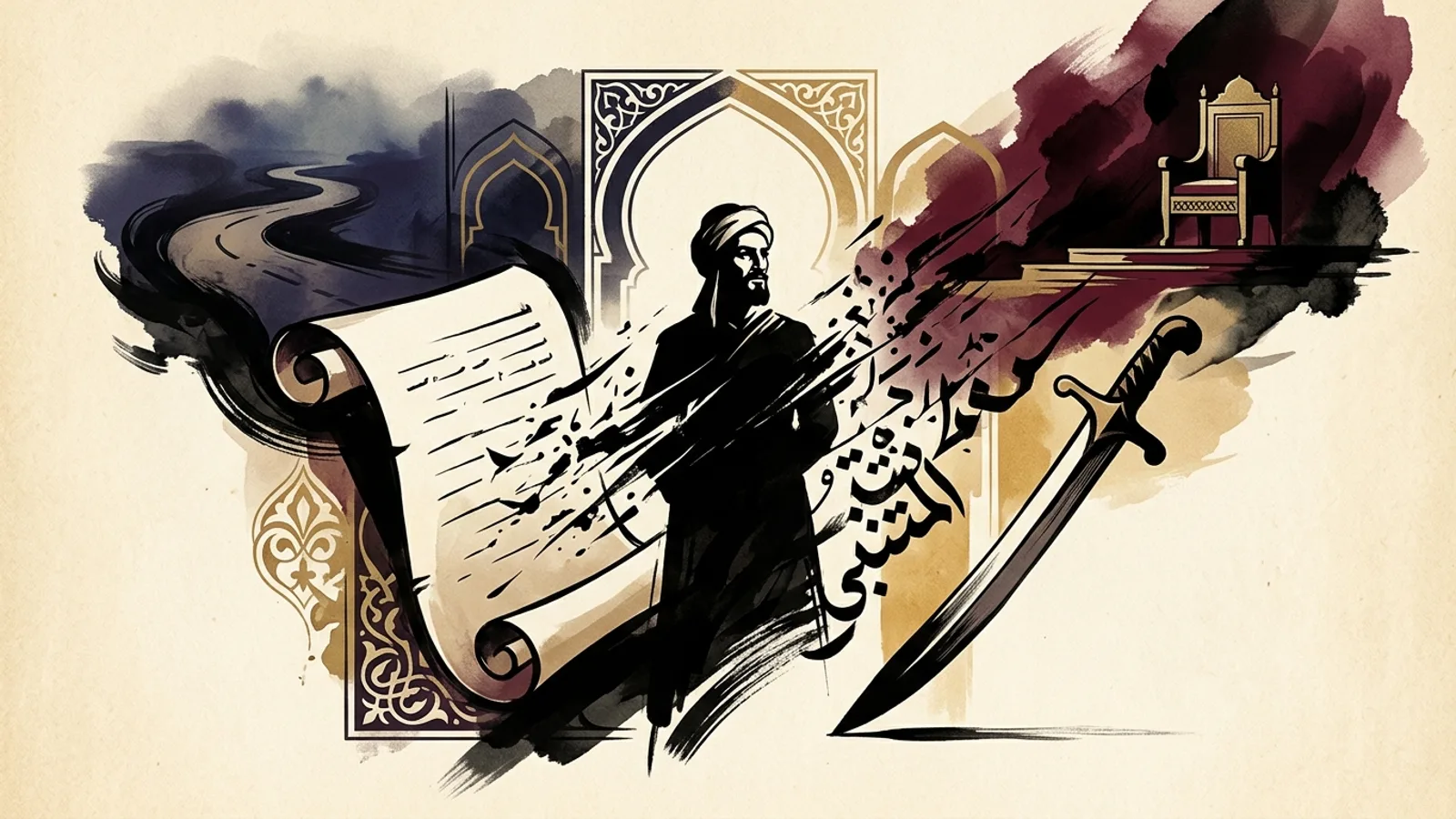 رسم تعبيري للمتنبي بين القلم والسيف، وخلفه عرش بعيد وطريق مظلم يرمزان إلى هجاء كافور ونهايته عند دير العاقول