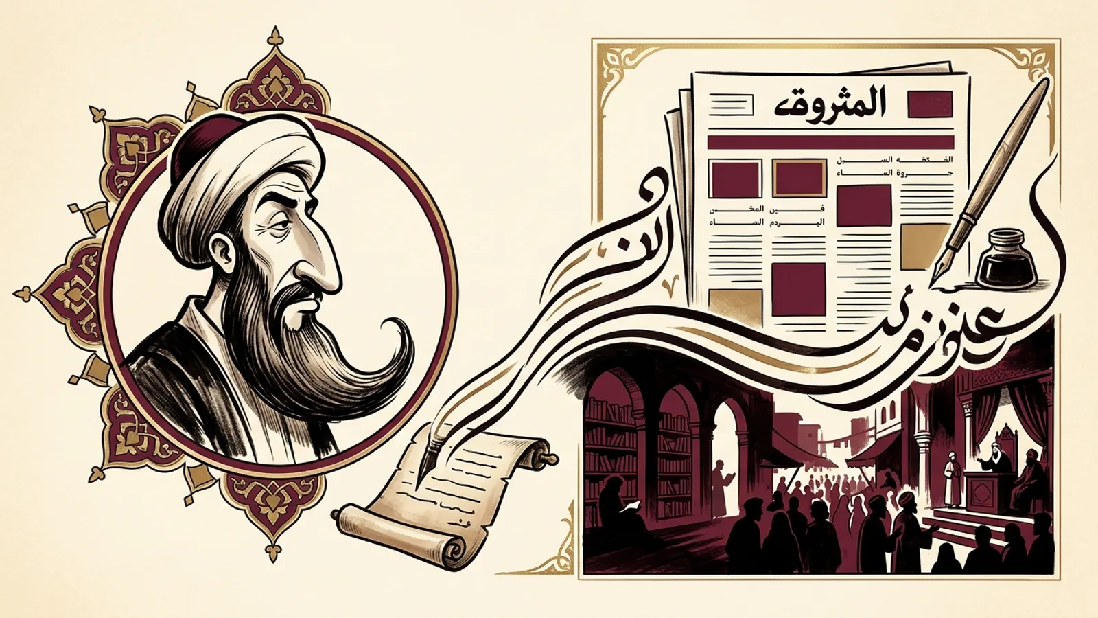 خطوط قصيدة عربية تتحول إلى رسم كاريكاتيري يصل بين الشعر العباسي والكاريكاتير الحديث