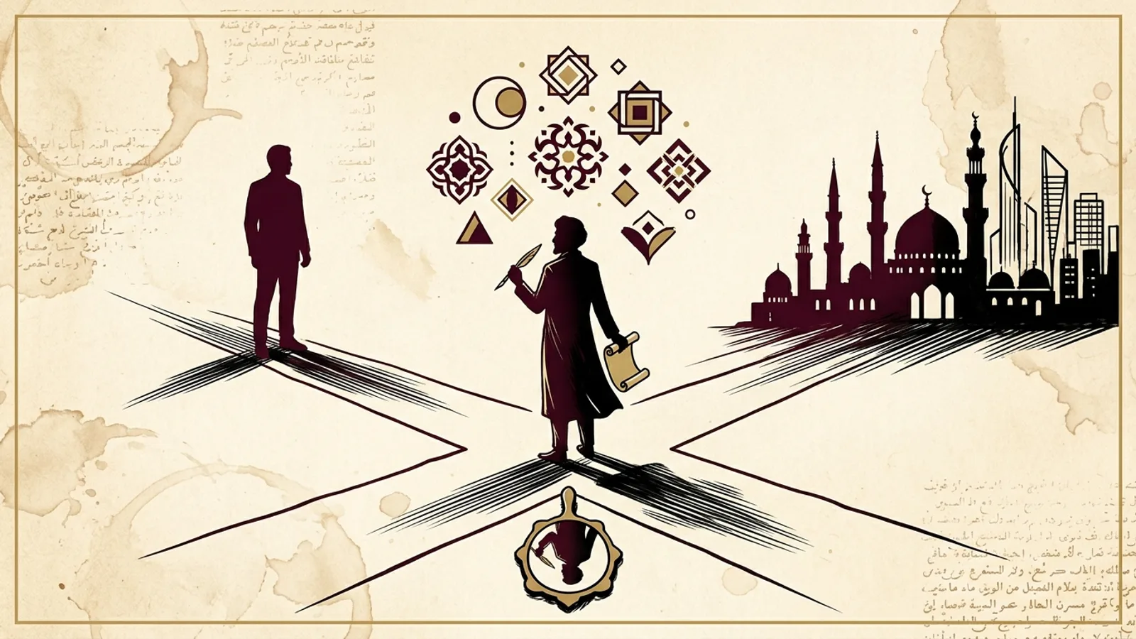 شاعر يقف أمام مسارات ترمز إلى الشخص والفكرة والظاهرة، وإلى جواره مرآة ترمز إلى هجاء الذات