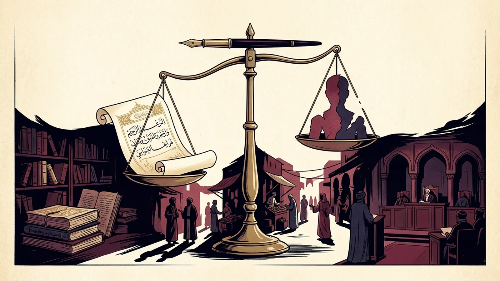 ريشة خط عربية فوق ميزان يوازن بين مخطوط مضيء وظل إنساني مجروح، تعبيرًا عن جمال الهجاء وأذاه