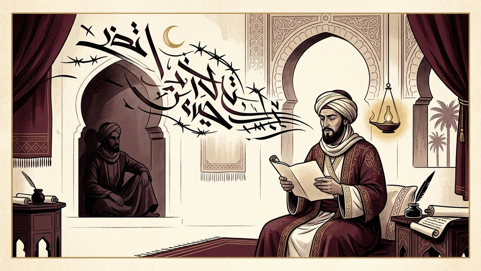 رسم تعبيري لشاعر في مجلس أدبي عباسي يواجه خصمًا في أجواء مشحونة