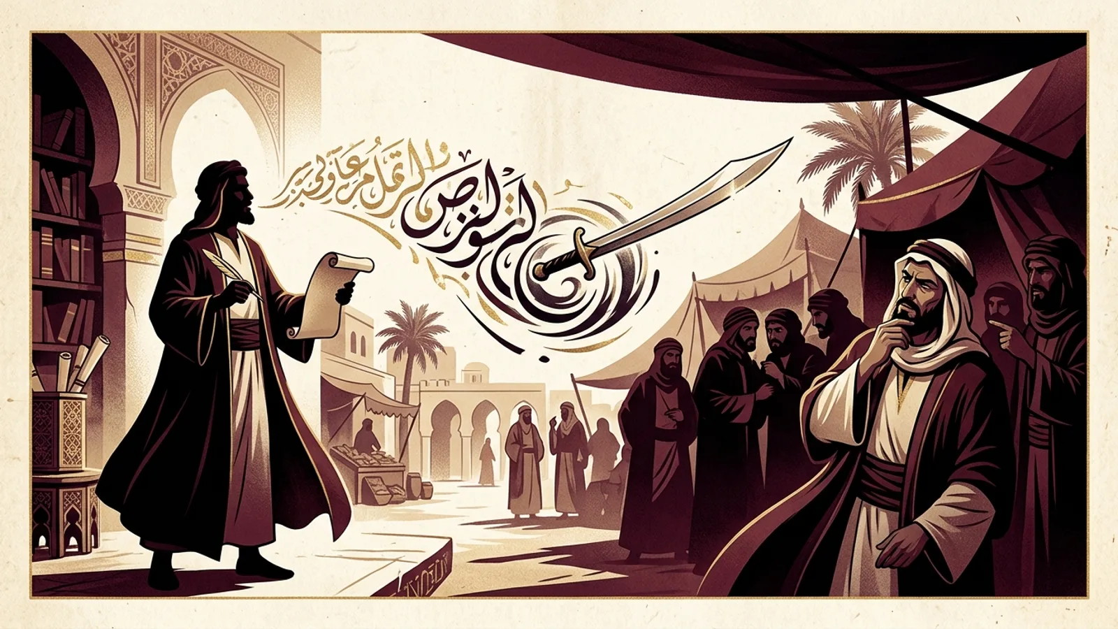 شاعر يلقي قصيدة أمام جمع قبلي، وتتحول كلماته رمزيًا إلى نصل يعبر عن أثر الهجاء في السمعة