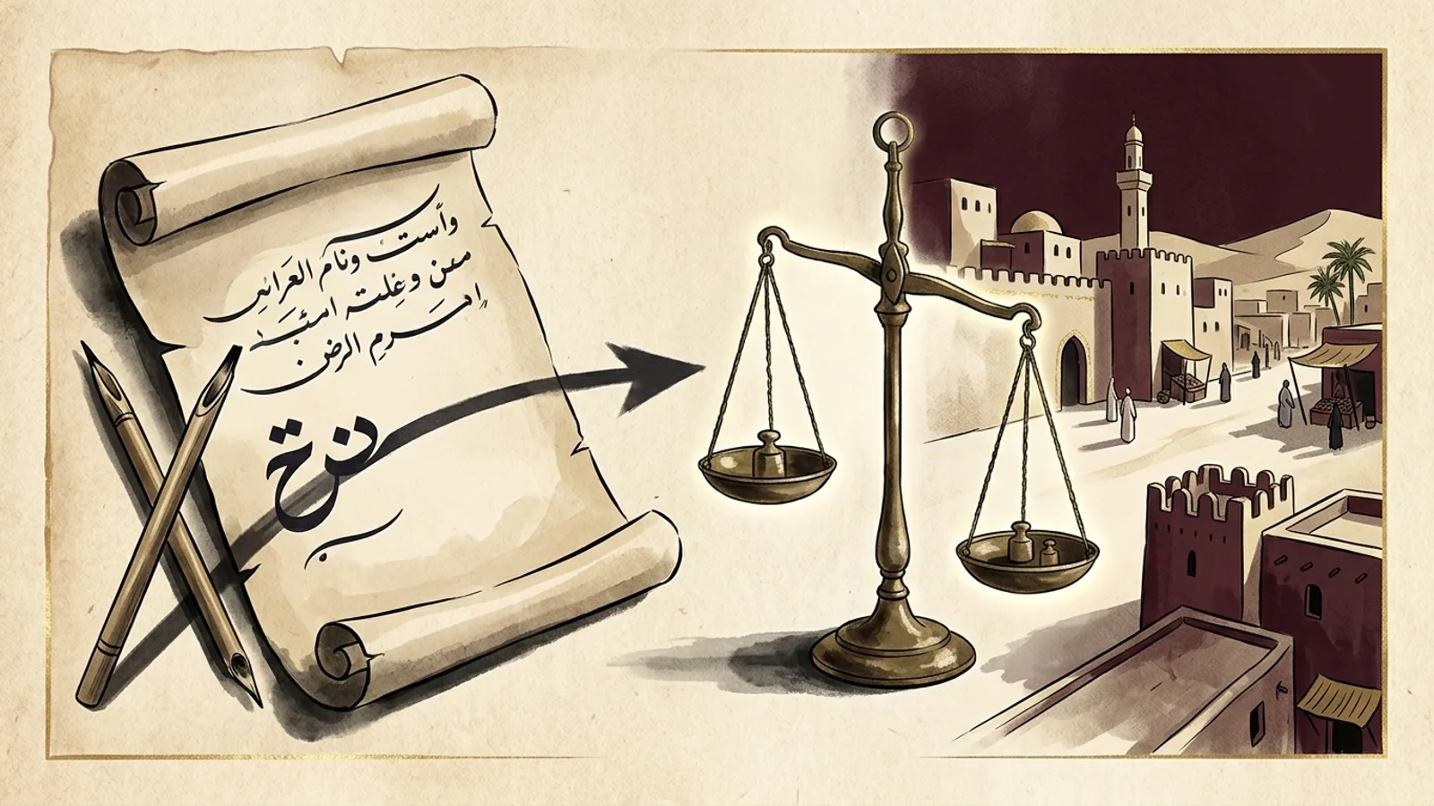 ريشة ولفافة شعر تلقيان ظل سهم إلى جانب ميزان يرمز إلى ضوابط الهجاء في صدر الإسلام