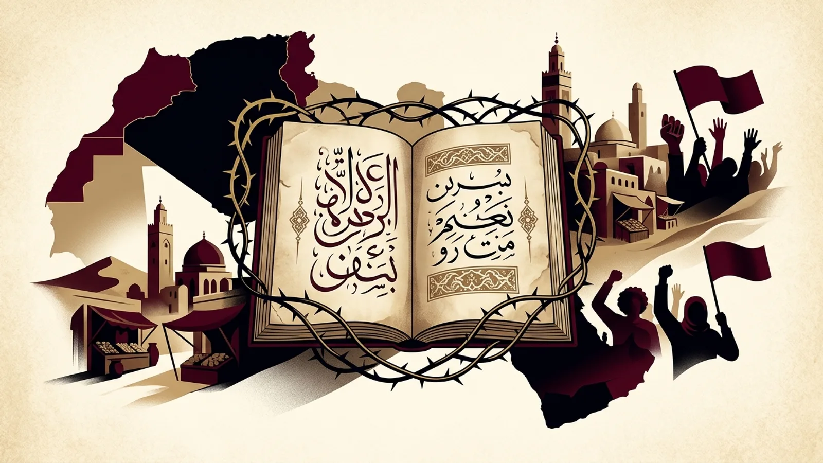مخطوط شعري مغاربي يحيط به سياج رمزي من الشوك مع إشارات إلى الصحراء والمدينة والنقد السياسي