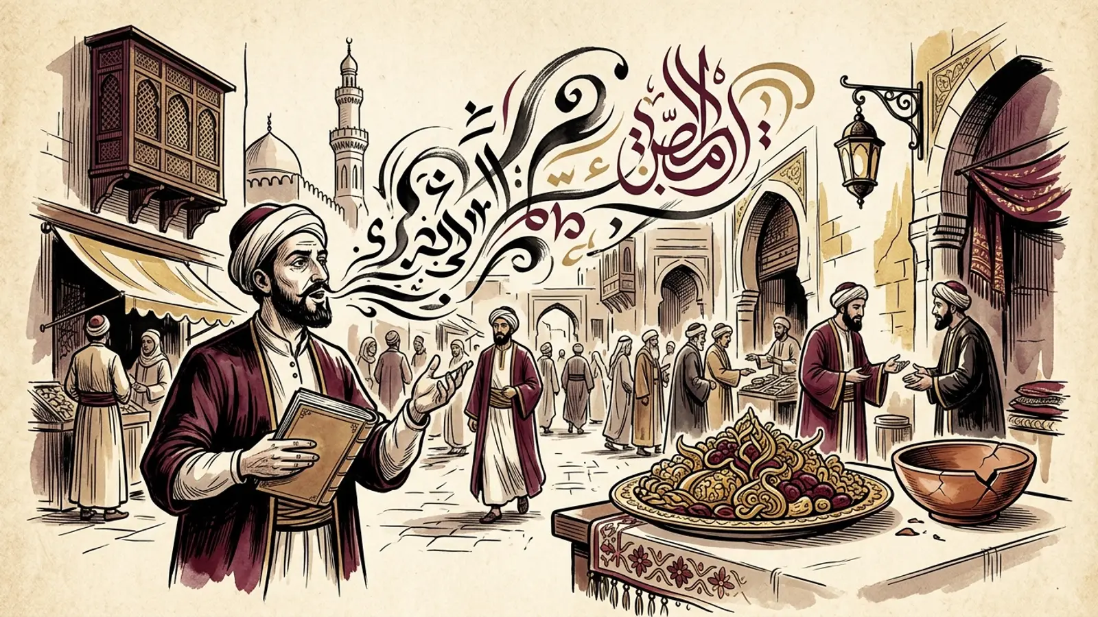 شاعر ساخر في مدينة عربية عثمانية تتداخل حوله المخطوطات ومفردات الطعام في إشارة إلى الفصحى والعامية ونقد الفقر