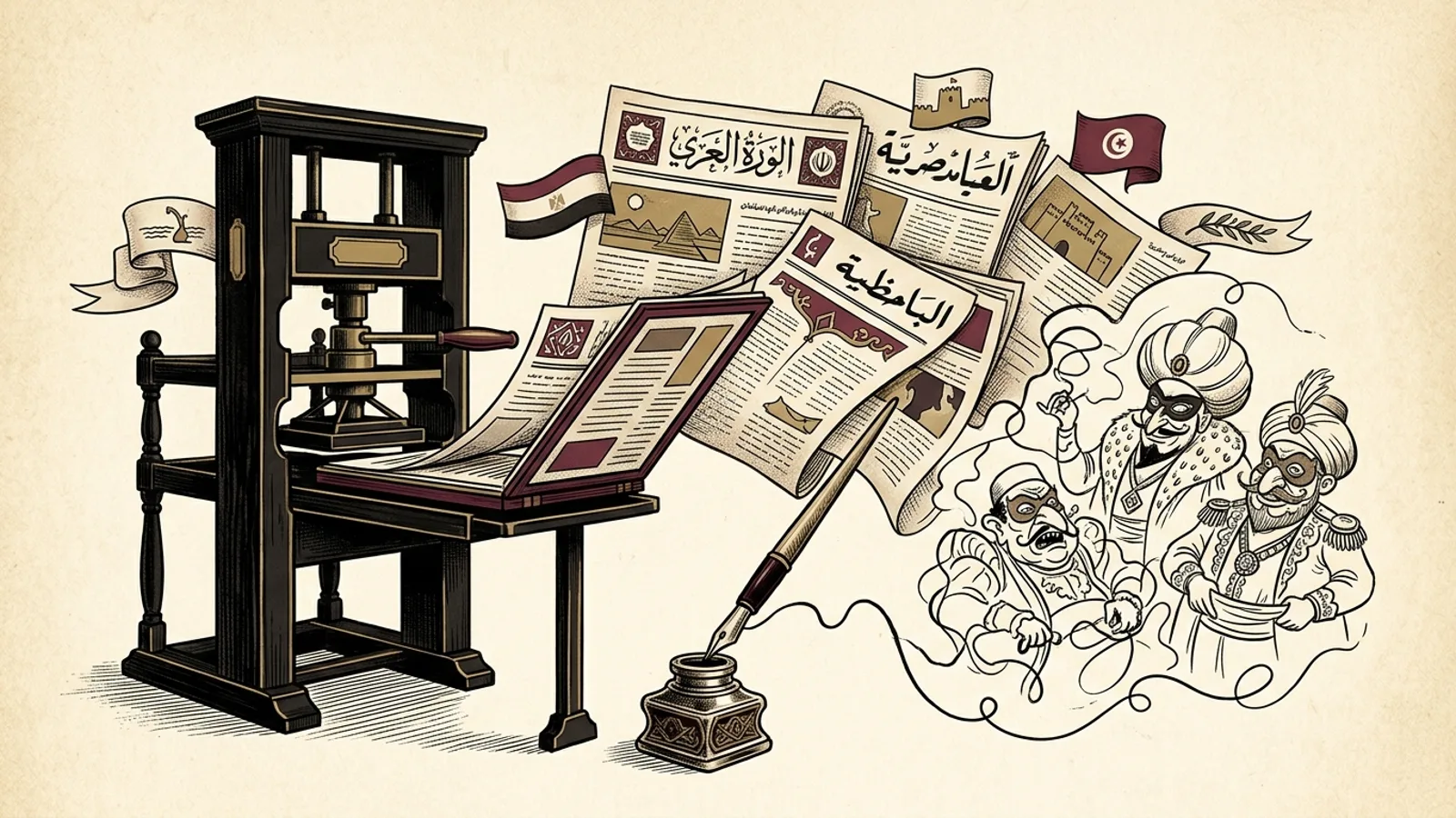 مطبعة قديمة وقلم كاريكاتير وصحف ترمز إلى تاريخ الهجاء في الصحافة العربية الساخرة