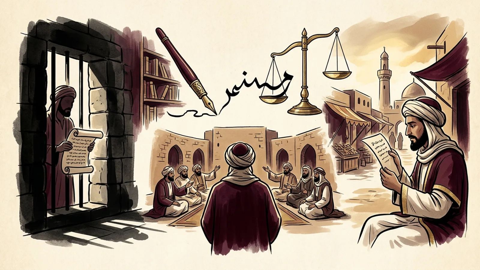 تصوير تعبيري للحطيئة في الحبس وعمر بن الخطاب يستشير حسان بن ثابت في بيت الهجاء
