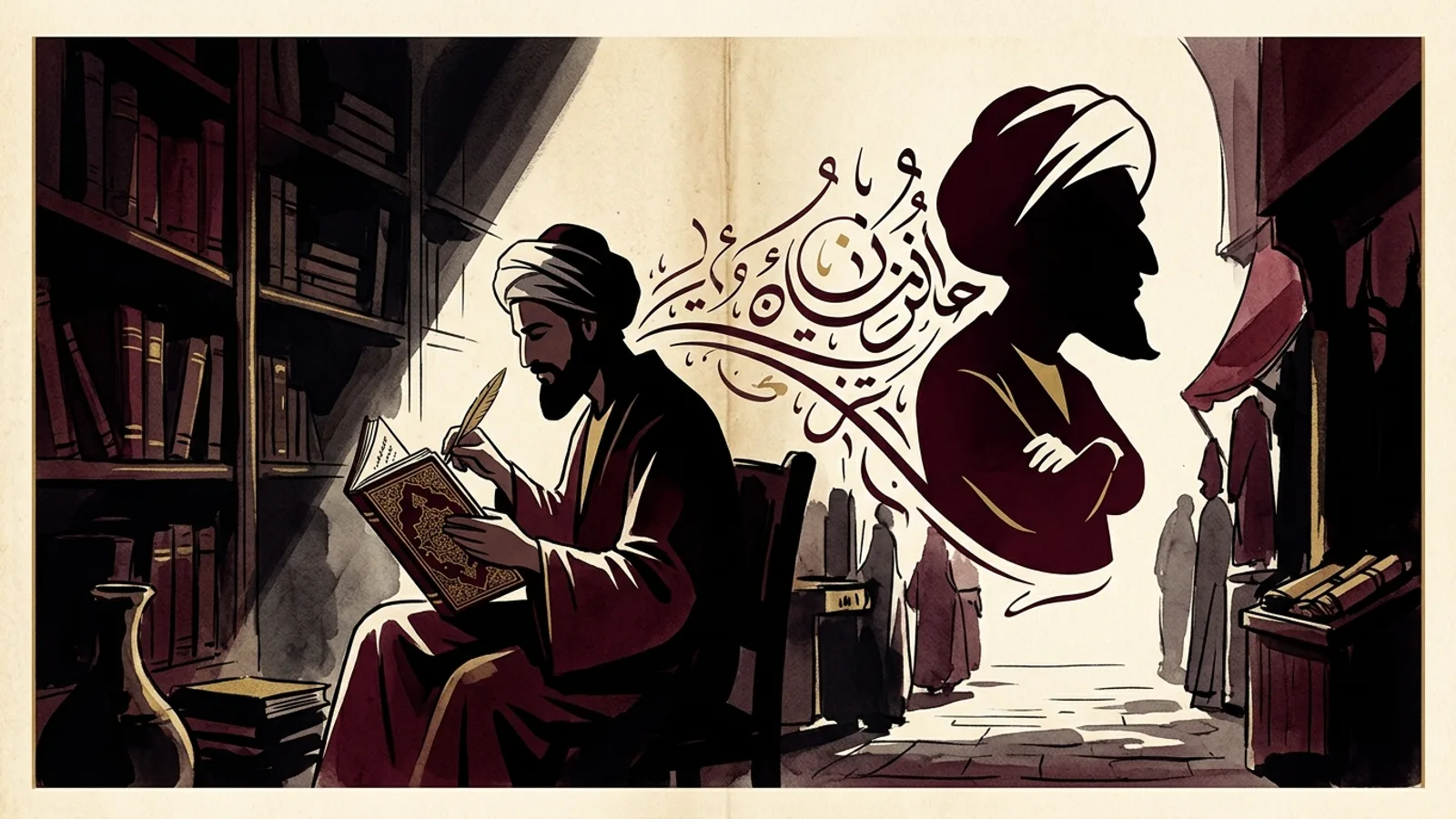 رسم تعبيري لشاعر عباسي تتحول كلماته إلى صورة كاريكاتيرية حركية ترمز إلى هجاء الأحدب