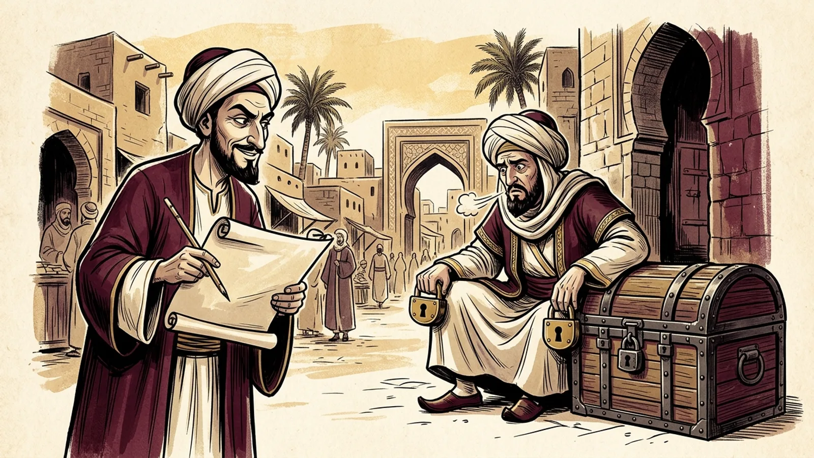 تصوير تعبيري لبخيل عباسي يقتصد في التنفس ويده تبدو كقفل تحت نظرة شاعر ساخر