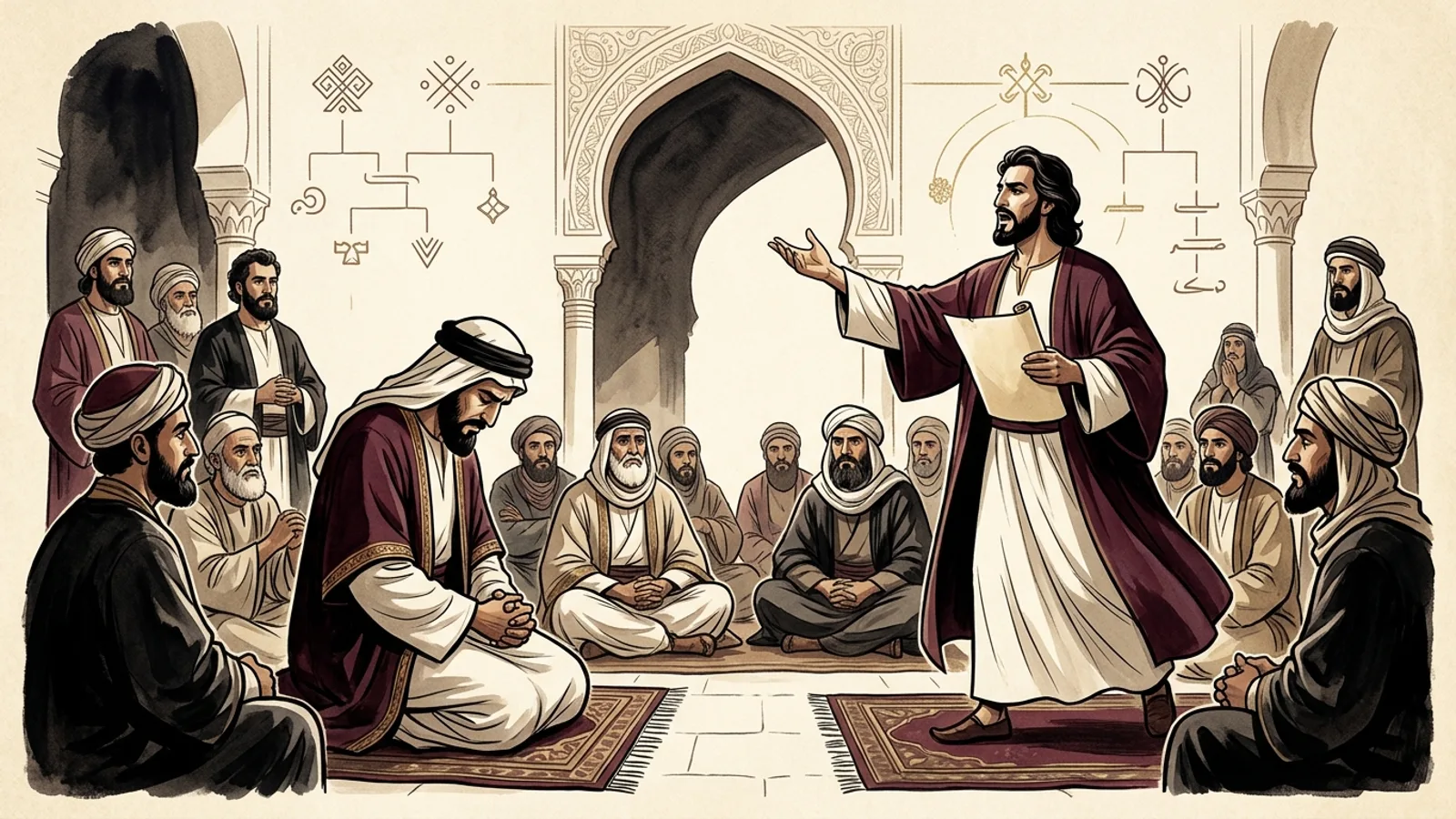 تصوير تعبيري لجرير وهو يلقي بيت الدامغة في الراعي النميري الذي يخفض بصره