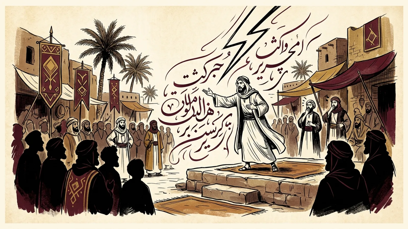 تصوير تعبيري لجرير يلقي إحدى نقائضه أمام جمهور سوق المربد في البصرة