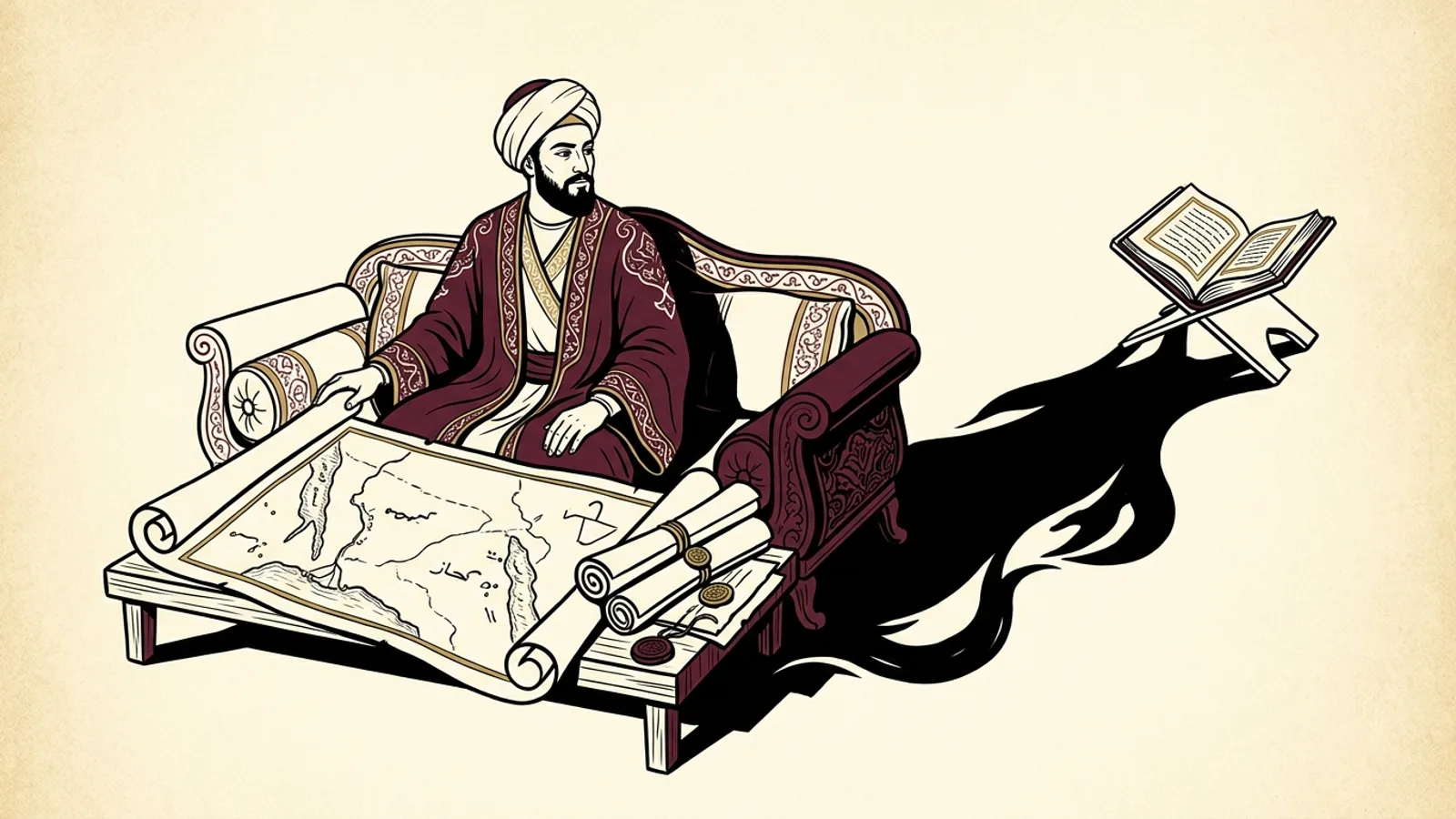 كافور الإخشيدي في هيئة حاكم وإلى جواره مخطوط يلقي ظلًا مشوهًا رمزًا إلى أثر هجاء المتنبي في الذاكرة