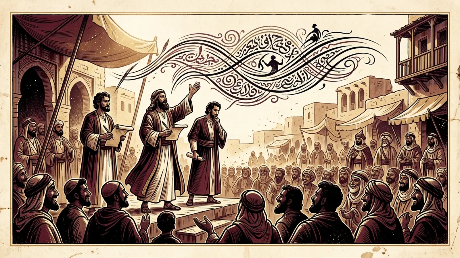 تصوير تعبيري لشعراء النقائض يتناظرون أمام جمهور في سوق المربد بالعصر الأموي