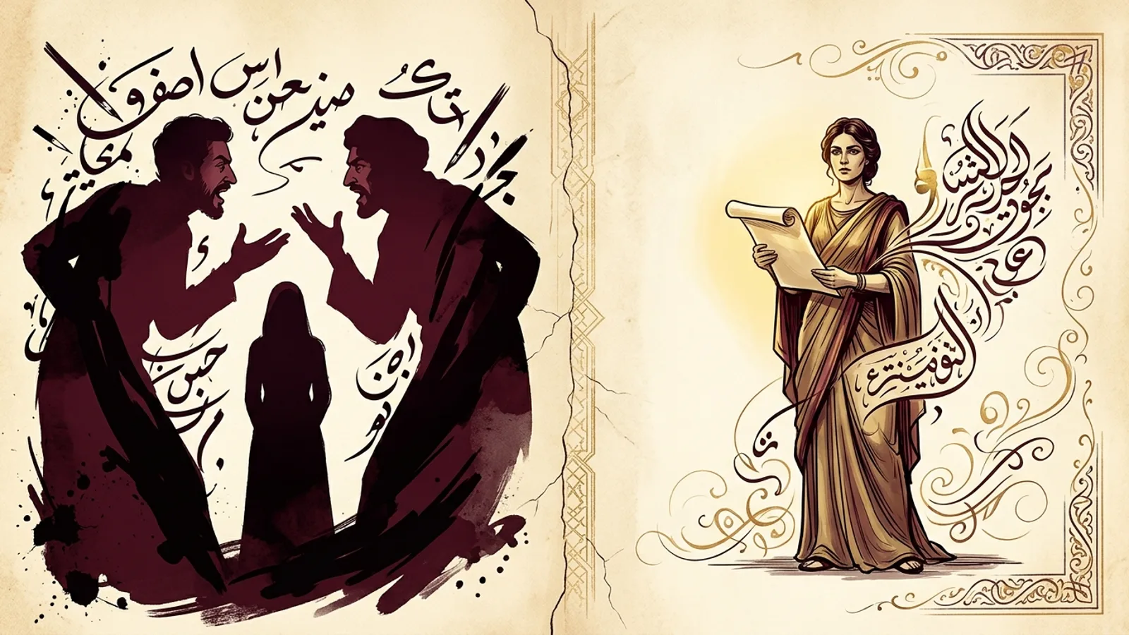 رسم تعبيري لامرأة بين سهام هجاء الشعراء وصوت شاعرة تستعيد حقها في الكلام